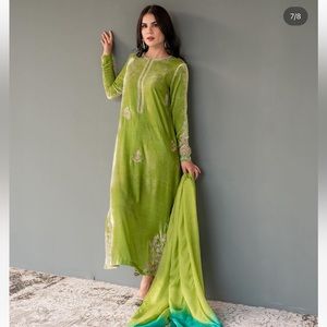 Chartreuse velvet suit Pakistani Indian